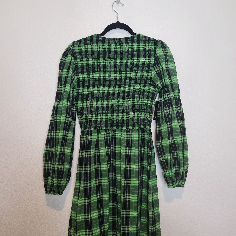 GANNI Seersucker Checked Smocked Maxi Dress in Green NWT Size 40 - Picture 11 of 14